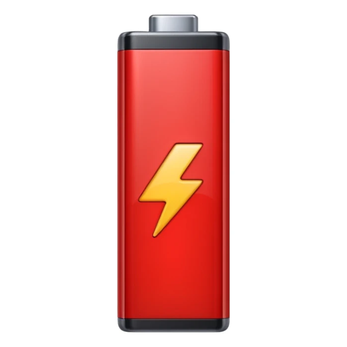 iPhone-style emoji of a battery that is almost empty, with a small red bar at the end indicating low energy. Clean, minimal, glossy look, transparent background. sticker