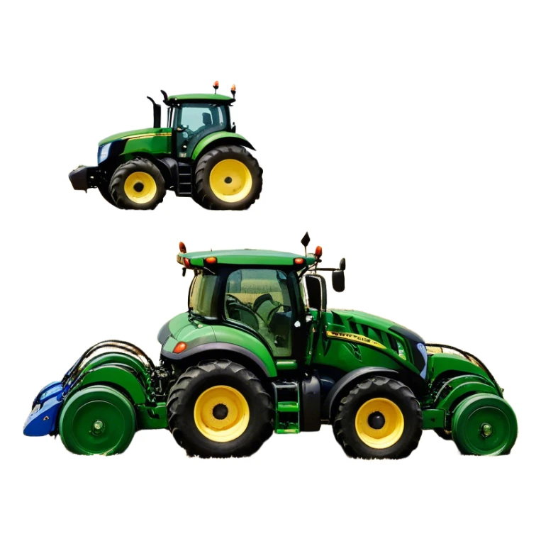 Baler – New Holland Roll-Belt 560 (2018) – Cinematic-realistic John Deere 6155M tractor towing a New Holland Roll-Belt 560 baler, its deep green body contrasting with the bright blue baler. The massive machine moves steadily through golden fields, compressing freshly cut hay into tight round bales, while dust swirls under the blazing afternoon sun. sticker