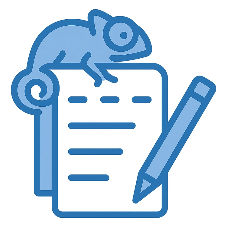 Reimagine the Notepad++ icon in a flat, modern blue style consistent with previous icons. Use almost exclusively shades of blue, with a fully transparent background. The icon should feature a notepad with a blue chameleon (stylized, simple) on top, and a blue pencil, all in clean, simple lines. Minimal use of other colors, prioritize clarity and consistency with the other icons. sticker