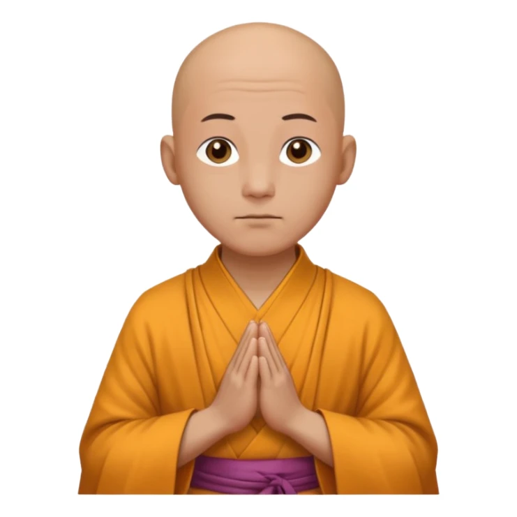 A bald monk wearing traditional robes, calm expression, hands clasped, in a serene setting sticker
