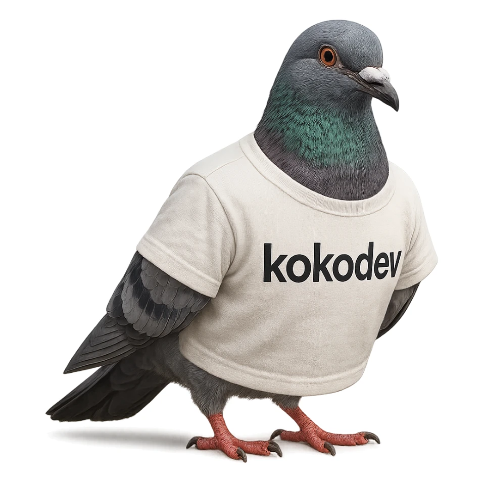 a realistic pigeon wearing a t-shirt with the text 'kokodev' on it, clear and readable, photorealistic, detailed feathers and fabric, natural colors, natural pose sticker
