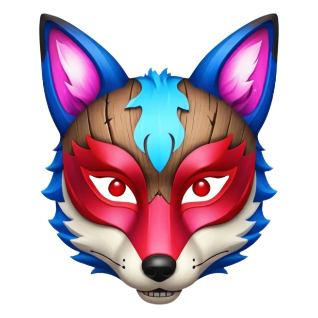 Ancient wooden mask, split in half, luminous and neon with red, blue and pink fox-like glow. sticker