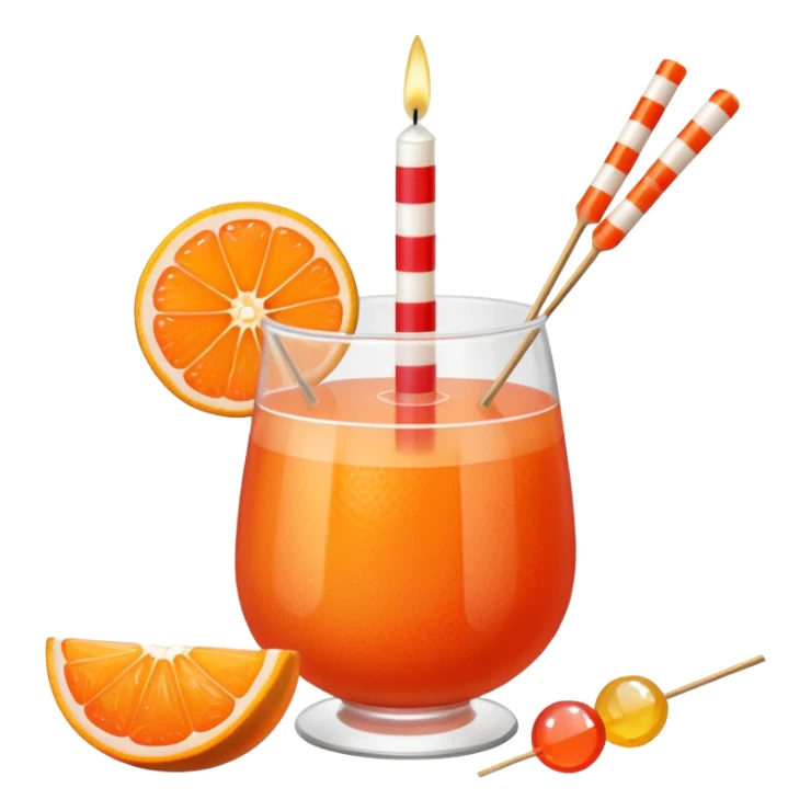 An orange grapefruit, with a horizontal red stripe around the middle. 4 vertical cocktail sticks in the orange with small pieces of candy on the sticks. On top of the orange a small white lit candle. sticker