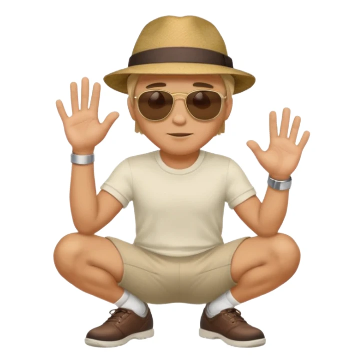 A man squatting down and holdig his hand flat a bit above the ground sticker