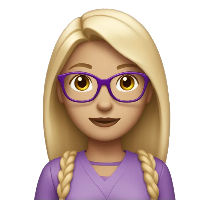 Create a female emoji: white skin, blonde hair, straight and very light below the shoulders, brown eyes, glasses with purple cat-eye frames, light pink jumpsuit. sticker