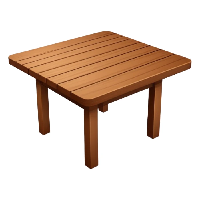 Generate a 3D  table in the same style as the referenced chair image: warm brown wood, subtly textured, slightly angled perspective, clean edges, realistic but minimal shading, on a transparent or plain white background. Keep the design simple and clearly readable at small sizes sticker