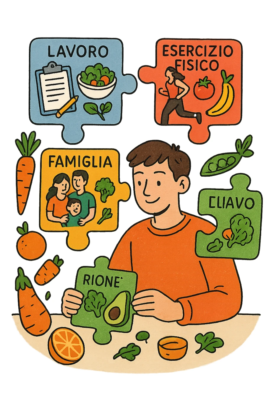 a person is surrounded by puzzle pieces, each representing a different aspect of their life (work, exercise, family, leisure), and healthy foods are integrated into each piece. The person assembles the puzzle, creating a complete, personalized nutrition plan. The mood is uplifting and creative. in italiano sticker