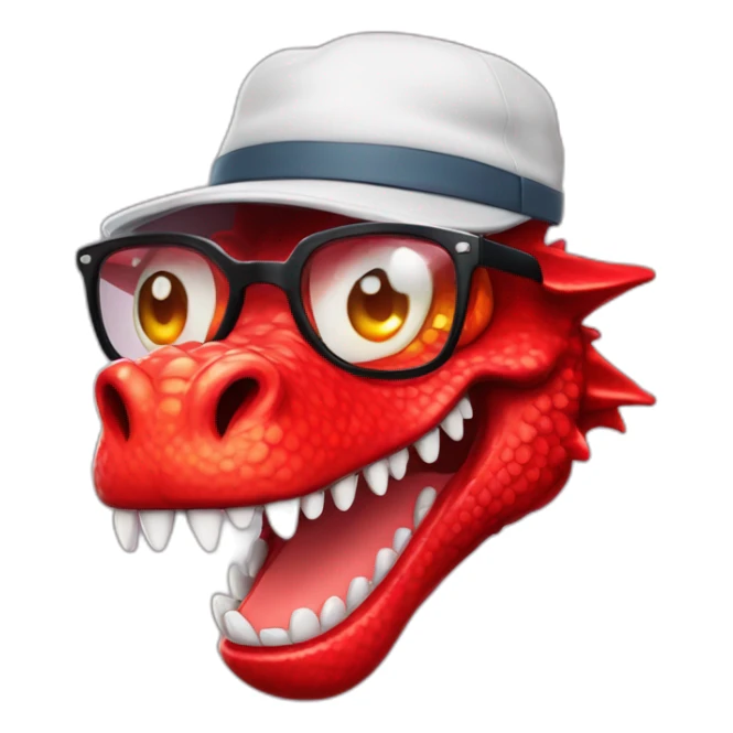 Crazy funny red dragon head with human white teeth and beautiful smile wearing glasses and hat sticker
