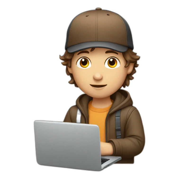 Boy with brown hair and cap with laptop sticker
