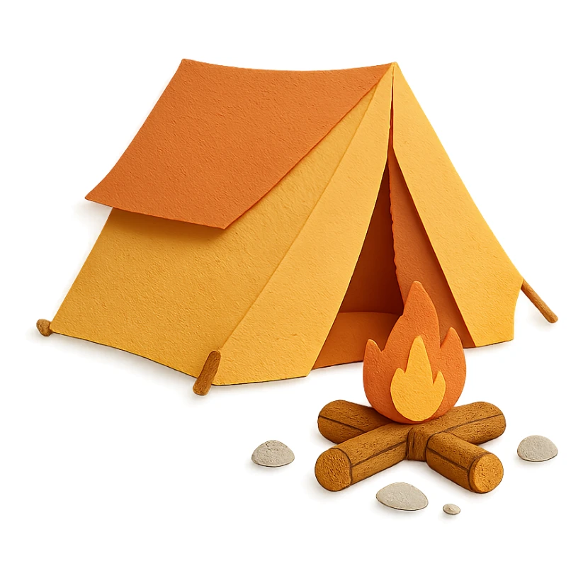camping tent with campfire, paper craft style, delicate paper layers, naturalistic pose, logs and stones around the fire sticker