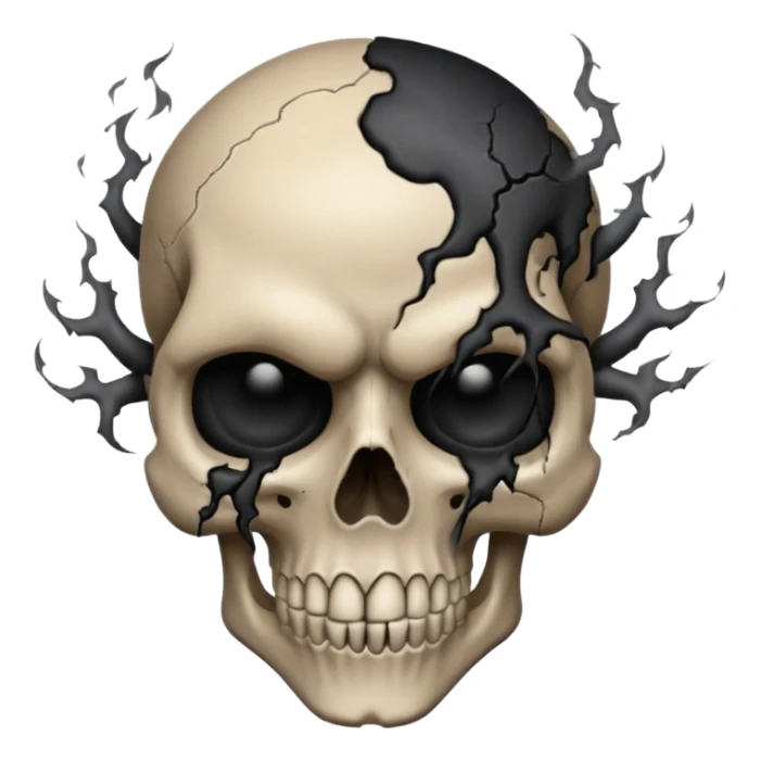 iOS style emoji, dark fantasy skull, cracks, black smoke from eyes, soft light, stylized sticker