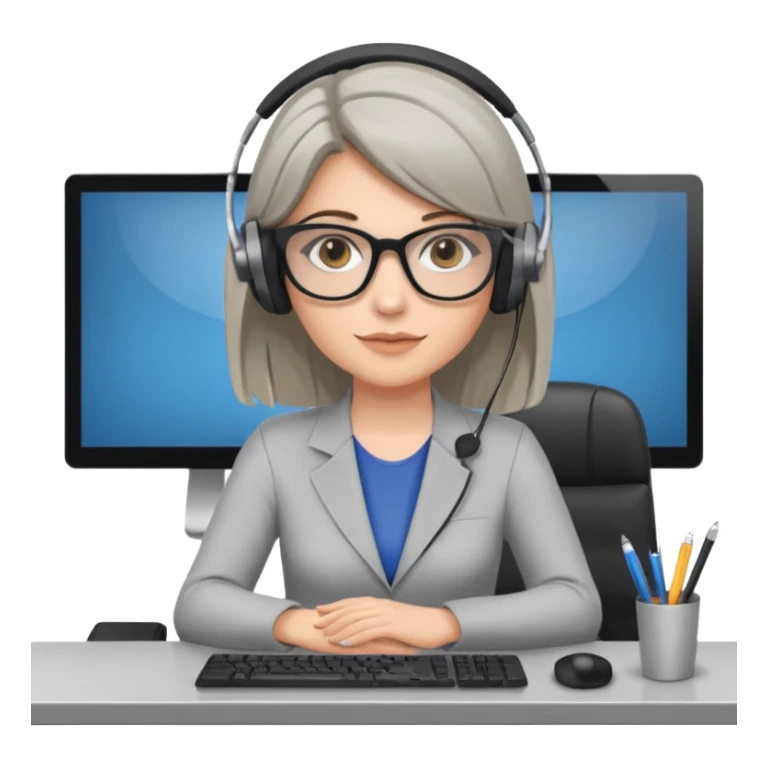 donna bionda occhi azzurri con occhiali grigio/neri, capelli media lunghezza lisci, davanti al pc alla sua scrivania. è una grafica editoriale e redattrice sticker