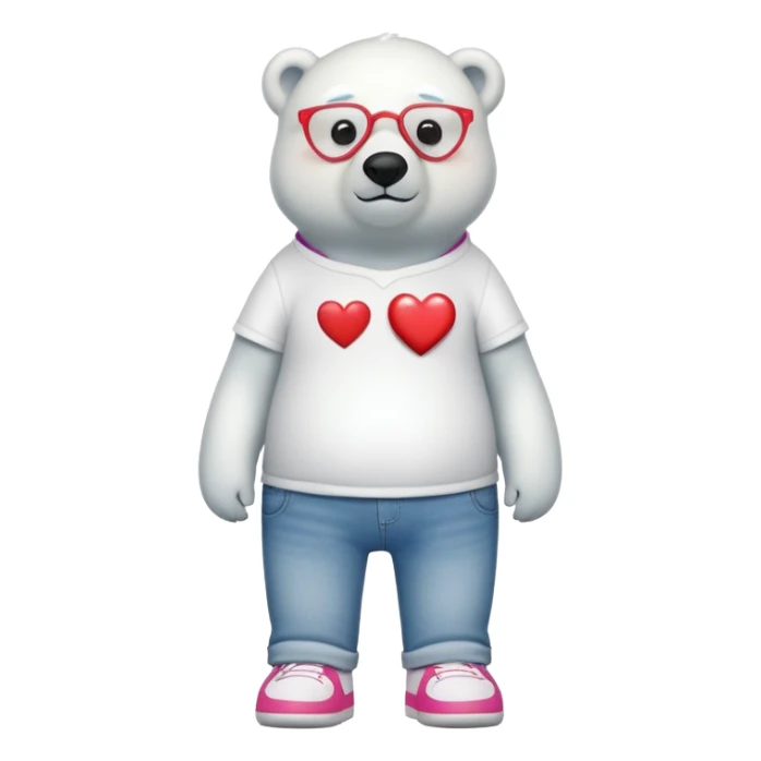 friendly anthropomorphised polar bear standing upright, looking chilled and unbothered, wearing a shirt, jeans, trainers, heart-shaped colorful glasses sticker