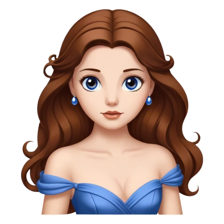 Cinematic Elegant Belle Portrait Emoji, rendered in a realistic, vector-style with minimal shading and bold, simplified shapes. Depict Belle (chest and above) with fair, luminous skin, deep brown expressive eyes, and long, flowing chestnut hair styled elegantly, wearing her classic blue ball gown. The image glows with a soft, warm radiance and high shine, capturing timeless refined beauty. sticker