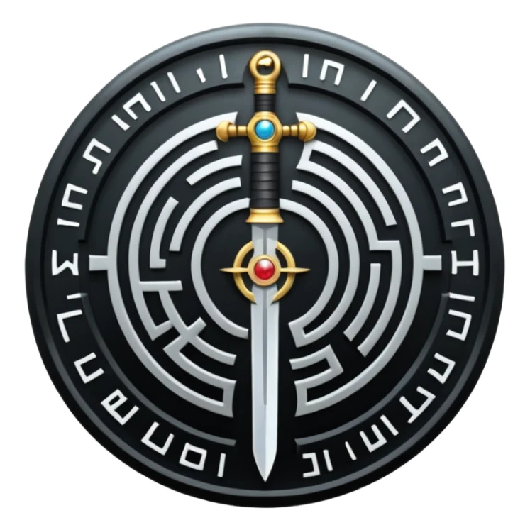 A vertical sword in the center of a circular maze, inside of which is embedded a thin astrolabe. The lines are strict, geometric, and symmetrical. The material is a dark metal (antimonium). The style is a minimalistic alchemical sign. sticker