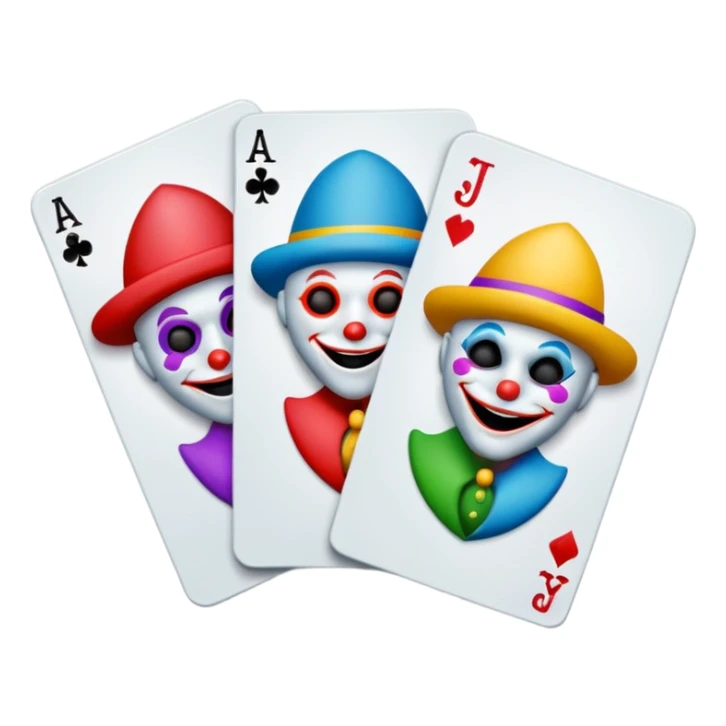 bunch of 3 poker cards, with crazy colorful human jolly jokers inside, inversed face sticker