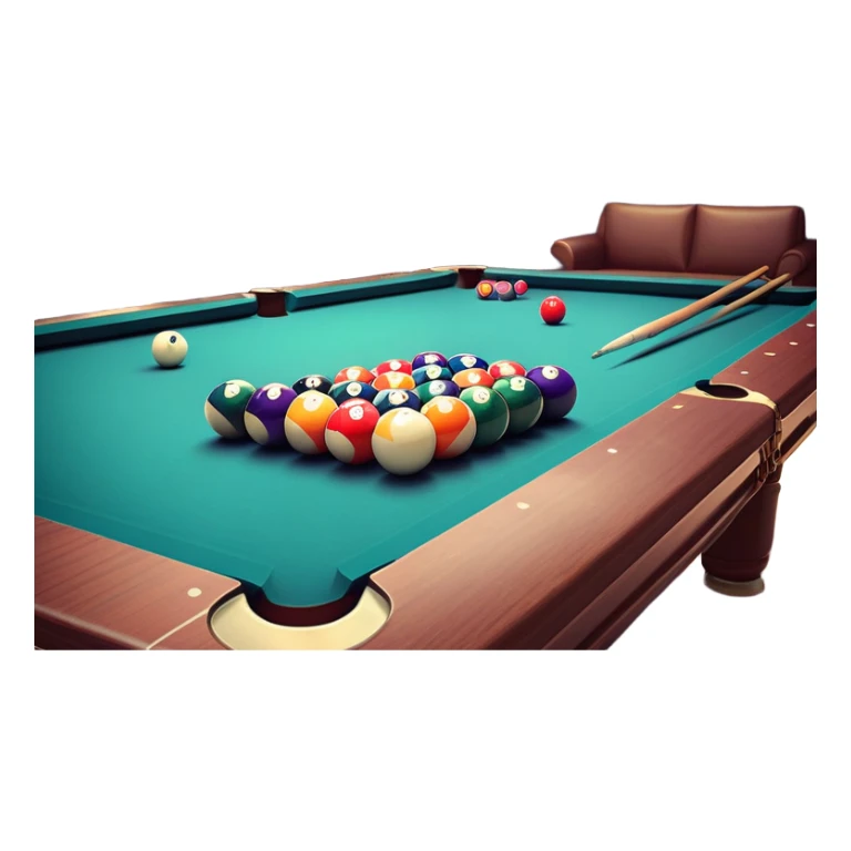 A well-arranged pool table with colorful billiard balls neatly placed, and a cue stick poised to take a shot. The setting is a dimly lit room with a focused atmosphere, highlighting the precision and strategy involved in the game of billiards. sticker