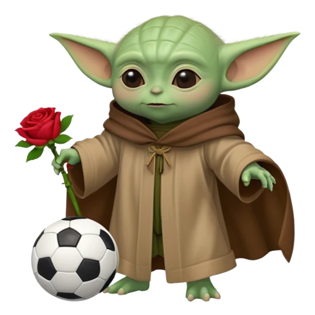baby yoda kicking a soccer ball with small roses beside him sticker