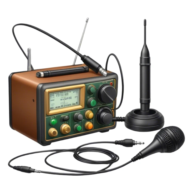 A photorealistic icon featuring a ham radio transceiver, headphones, microphone, antenna, and radio equipment like soldering tools and cables. The design includes detailed textures and realistic lighting, symbolizing the passion for amateur radio and communication. Transparent background. sticker
