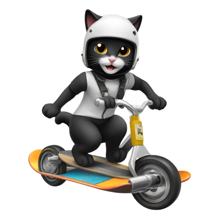 Grinning Black and white cat skateboarding with tiny crash helmet  sticker
