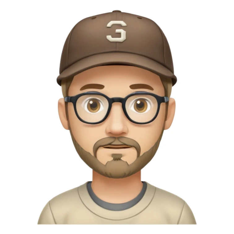 adventurer with goatee beard (no beard on cheeks), short hair, glasses and backwards baseball cap sticker