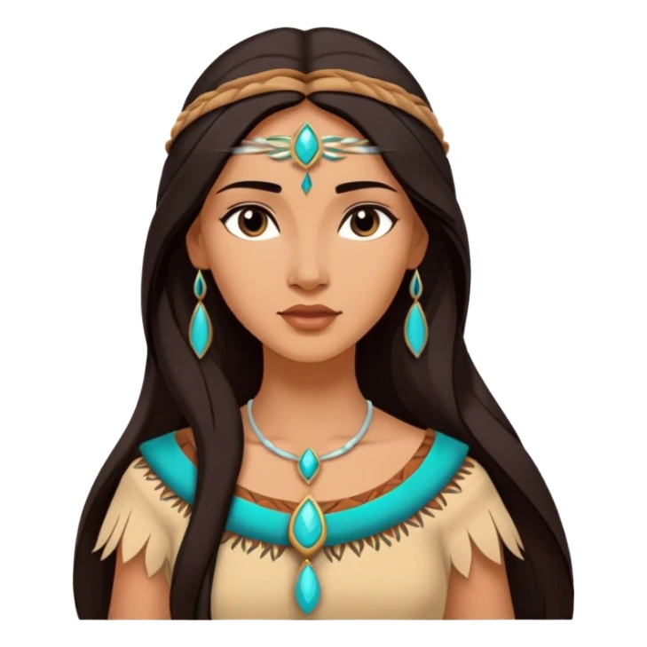 Cinematic Elegant Pocahontas Portrait Emoji, rendered in a realistic, vector-style with minimal shading and bold, simplified shapes. Depict Pocahontas (chest and above) with warm, sun-kissed skin, long, flowing dark hair, and gentle, wise eyes, wearing traditional attire in earthy tones with hints of turquoise. The image glows with a soft, natural radiance and high shine, embodying timeless indigenous beauty. sticker