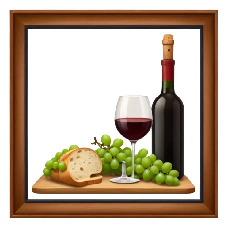 Make me some wine with bread and grapes, Do it on a board, so it looks elegant sticker