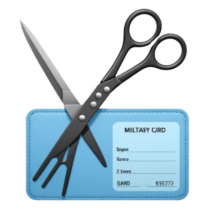 Floating black Scissors cutting a light blue military ID card in 2 parts .hyper realistic sticker