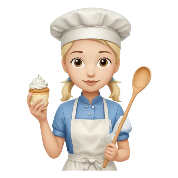 Young female pastry chef - single ponytail, apron, wearing a white hat, holding a cream piping bag sticker