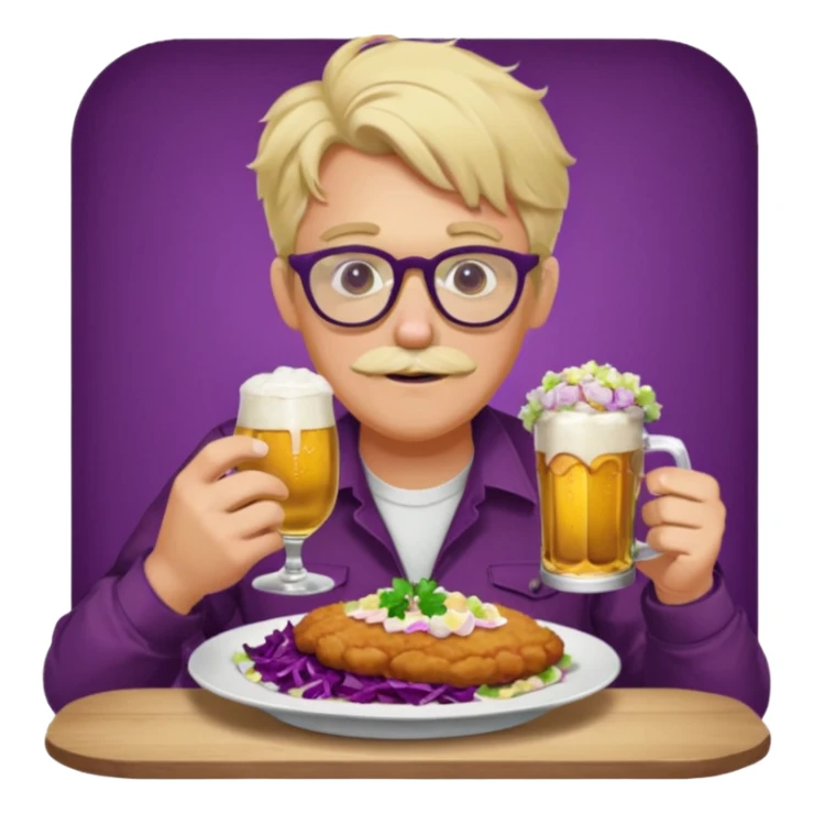Man with wire framed glasses german eating schnitzel, red cabbage, sauerkraut, potato salad, and beer. Man is blonde and no mustache sticker