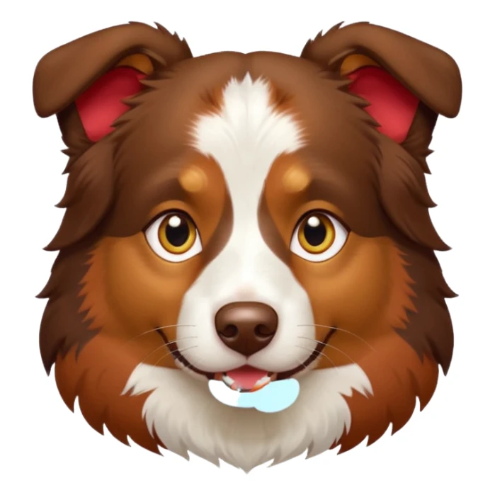 A tri color Australian shepherd with a chocolate brown base coat, red/gold fur on his eyebrows and snout/cheeks, a white chest, and gold eyes. No white fur on his face, only brown and gold. sticker