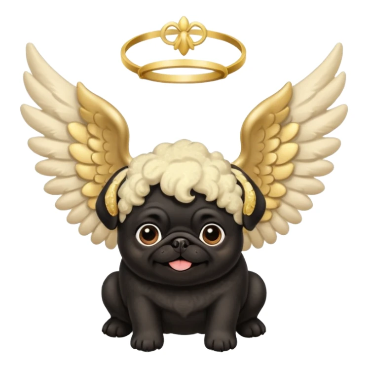 Black pug with big fluffy cream colored angel wings with gold dust on them sticker