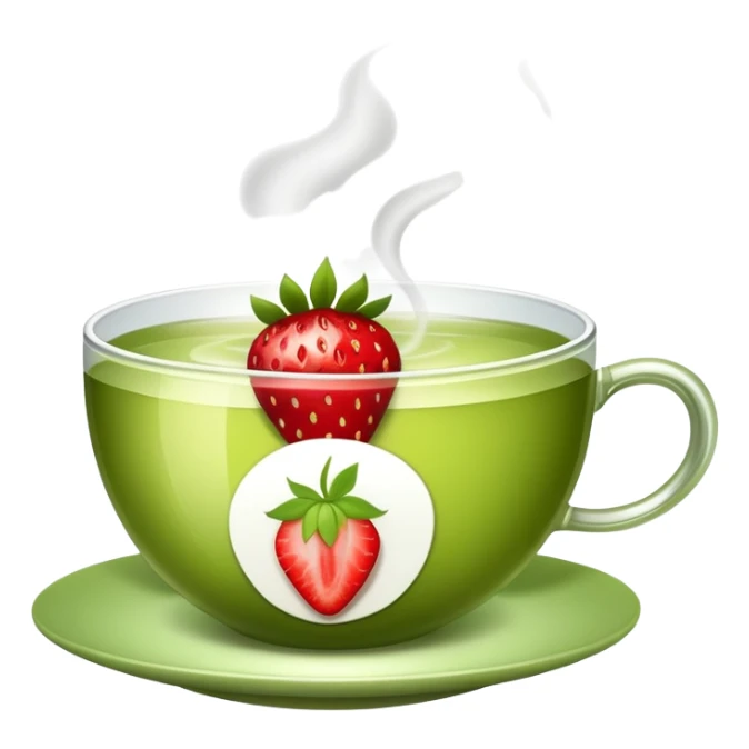 cup of green tea with a strawberry garnish sticker