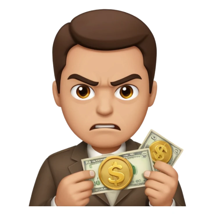 a man with money in hand and little angry face sticker
