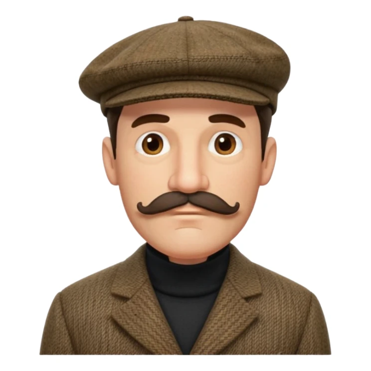 three quarter head profile huge mustache big sideburns sport coat black turtleneck tweed flat cap, squinting eyes trying to puzzle out sticker