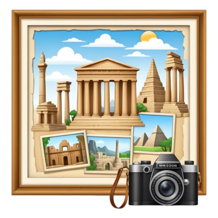 Icon for Historical and Cultural Tourism: iconic landmarks like ancient ruins, a museum and a historical monument, with a travel guidebook and camera. The icon should capture the exploration of history and culture. Transparent background. sticker