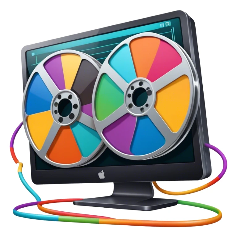 Create a vibrant and modern icon representing Animation and Motion Design, featuring elements like a film reel, a computer screen, and dynamic motion lines. The design should be visually engaging, colorful, and dynamic, without any emojis. The background must be transparent. sticker