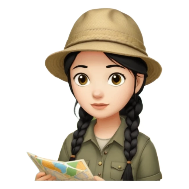 A braid black hair backpacking woman checking her map with curious eyes while wandering in the woods with camping hat sticker