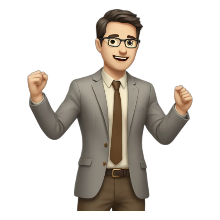 To belt Actively gesturing with hands Pale skinned fit man teacher with dark brown hair in gray jacket, beige office shirt, brown tie, brown pants and vintage glasses. sticker