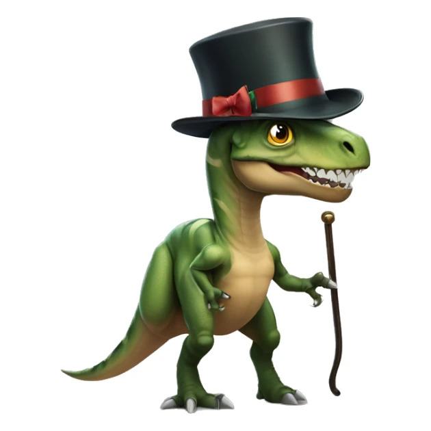 Dinosaur using fancy accessories like a monocle, a tophat, a bow and also a cane sticker