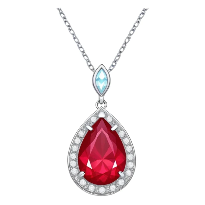 teardrop ruby pendant with silver chain and white stones, radiating luminous aura sticker