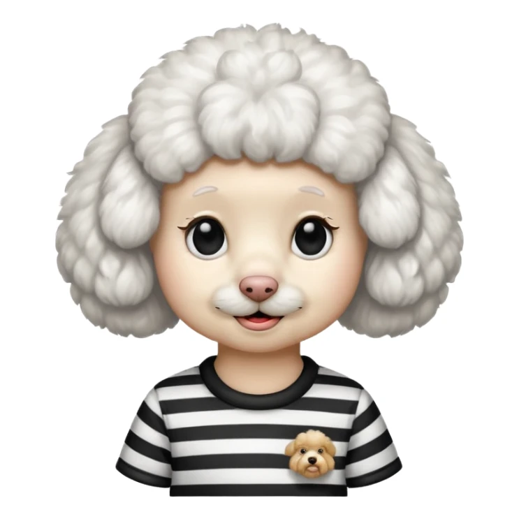 All white fluffy poodle, wearing a black and white striped shirt sticker