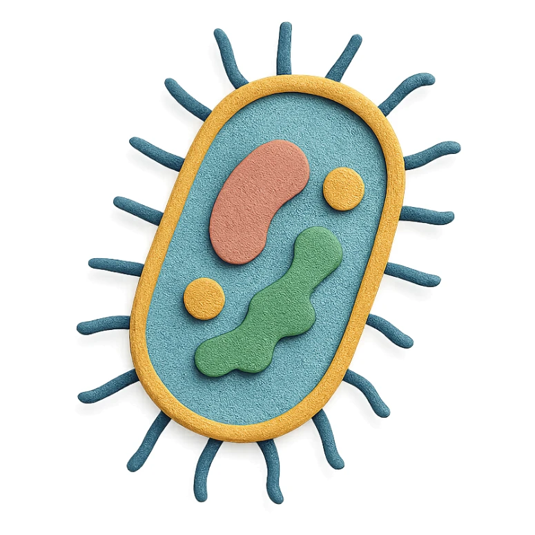 bacteria with visible organelles, layered textures, playful, in paper craft style sticker