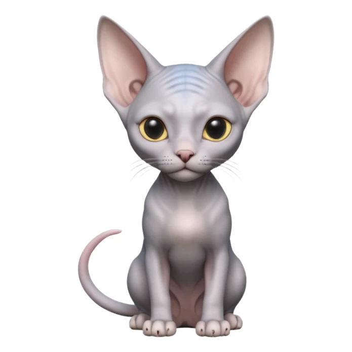 A 3D cartoon silver-gray Sphynx cat with smooth skin, gentle expression, elegant pastel lighting, cinematic Memoji rendering. full body or half body. sticker