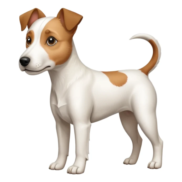 a full body large white parson russell terrier looking dog the size of a kelpie with light brown big ears and a light brown patch on one eye and a large snout sticker