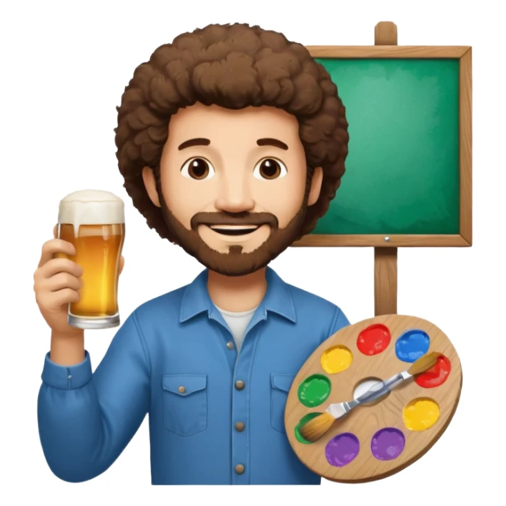 BOB ROSS HOLDING A PAINT PALETTE add a sign with a beer that says congratulations  sticker