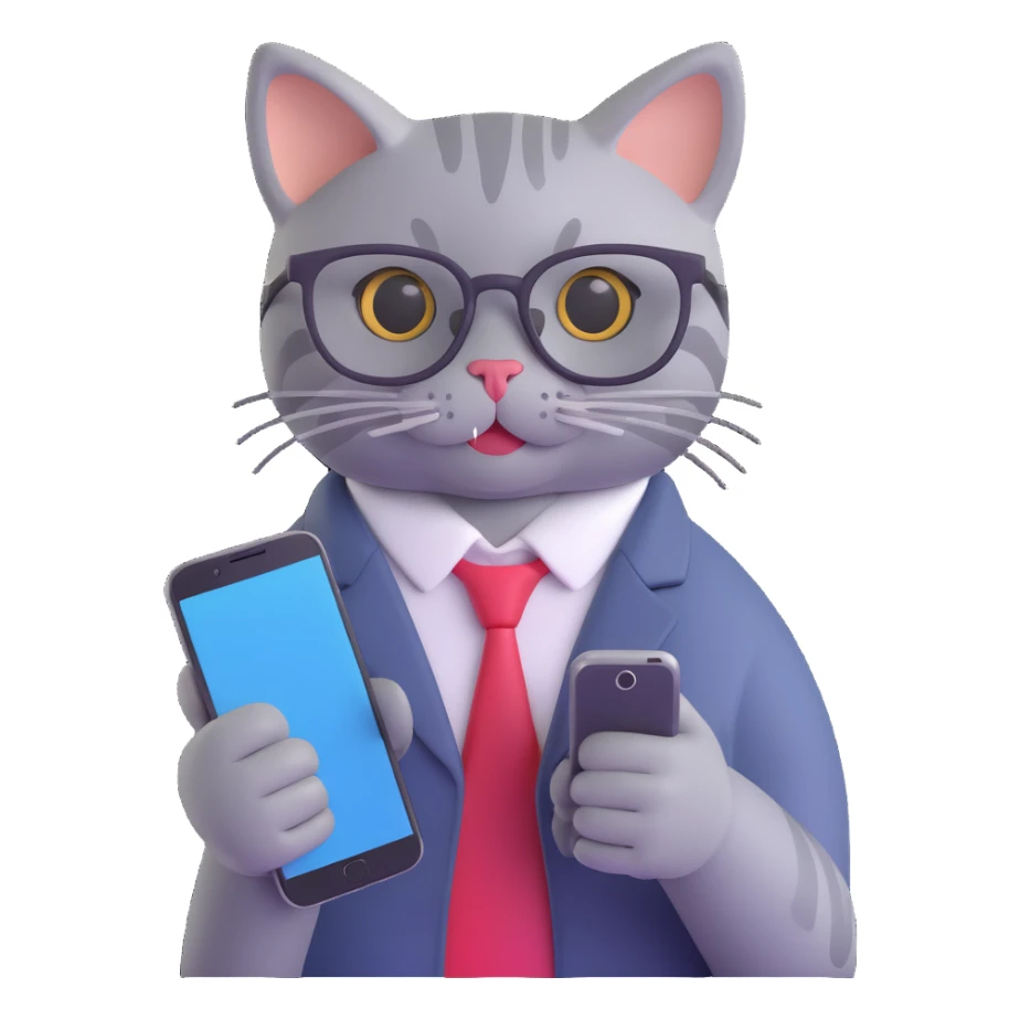 Gray IT cat with glasses, holding a smartphone, no laptop, friendly expression, 3D style, no background (transparent) sticker