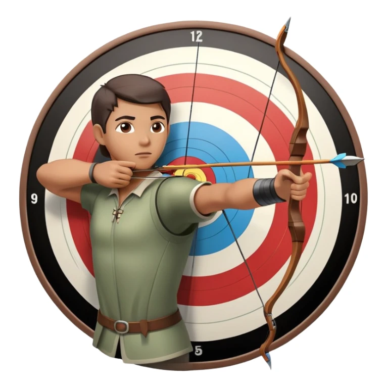 An archer drawing a bow and aiming an arrow at a target, with perfect focus and precision. The target is visible in the background, featuring concentric rings. The scene captures the concentration and skill involved in archery, emphasizing the elegance and accuracy of the sport. sticker