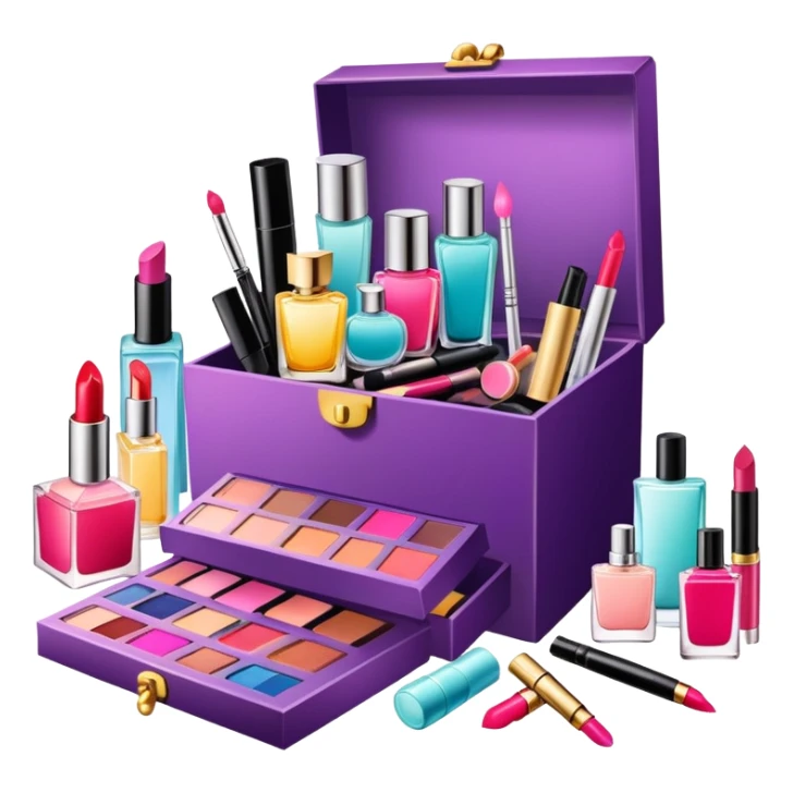 an opened box with various beauty items spilling out, including makeup, skincare, and perfume sticker