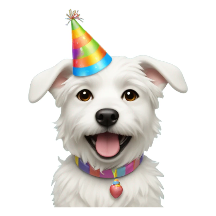 White male small dog wearing birthday hat with a cake  sticker
